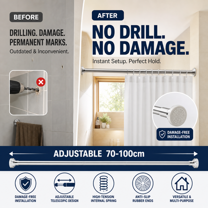 ⏳Time-Limited Special⏰Adjustable Tension Rod – no drills, no screws, no wall damage! Strong internal spring holds up to 15KG. Fits 70-292cm – perfect for showers, curtains & windows! 🏠✅