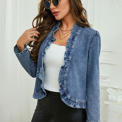 🧥 50% RABATT NU! 🌸 Dam Denimjacka med Volang & Öppen Framsida – Lättviktig & Feminin – Mångsidig & Chic 👗