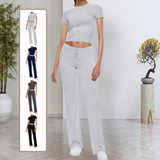 🌸 60% rabatt på nya produkter  💖Casual enfärgad T-shirt & byxor med raka ben för kvinnor