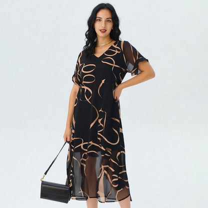 👗50% RABATT NU!🎀✨Böljande V-ringad tryckt långklänning
