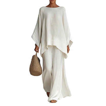 🍃 50% RABATT NU!✨ Löst Sittande Långärmad Topp & Vida Byxor Set – Mjukt & Andningsbart – Casual 2-Delars Loungeset ☕