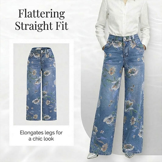 👖 50% RABATT! 🌸 Raka Jeans med Blommönster för Dam – Trendigt Tryck, Bekväm Passform & Perfekt För En Färgstark Look 💙