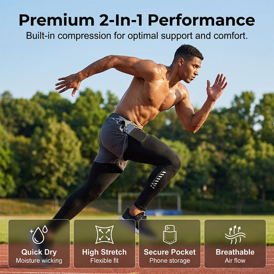 🏃‍♂️ 60% RABATT NU!💨 Herr 2-i-1 Löpartights med Shorts – Kompression & Snabbtorkande – Sportbyxor med Telefonficka 📱