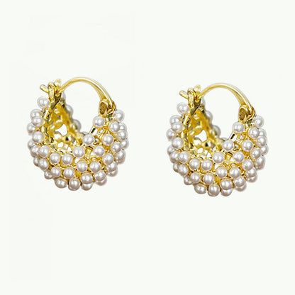 🔥 Limited-Time Offer!  JUST ￡6.66！！💍 Faux Pearl Basket Hoop Earrings – Gold Tone & Unique Weave, Add Classic Elegance to Everyday Looks 🪀