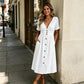 🔥🎁Nyhet 60 % RABATT🔥🌸 Avslappnad sommarchic – Sommarklänning med V-ringning och knappar för damer☀️
