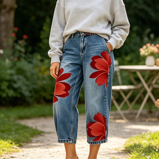 👖 BEGRÄNSAD TID 50% RABATT! ✨ Damjeans med vida ben och blommönster – Unika applikationer, mjuka, 6 färger 🌸