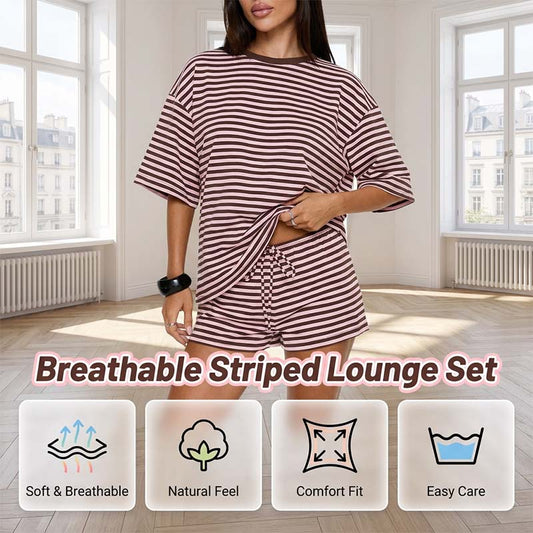 🏝️ BEGRÄNSAD TID -50% RABATT! ✨ Oversized randig T-shirt och shorts i set för kvinnor – Lounge, Casual, Cool 😎