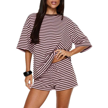 🏝️ BEGRÄNSAD TID -50% RABATT! ✨ Oversized randig T-shirt och shorts i set för kvinnor – Lounge, Casual, Cool 😎