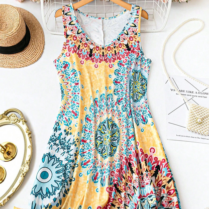 👗 50% RABATT NU!🌴 Avslappnad Ärmlös A-linje Sommarklänning – Lätt & Casual Tryck – Strand & Picknick Essential 🍹