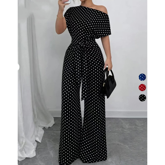 🔥 60% RABATT på utvalda produkter🎉Elegant jumpsuit med asymmetrisk halsringning och prickmönster