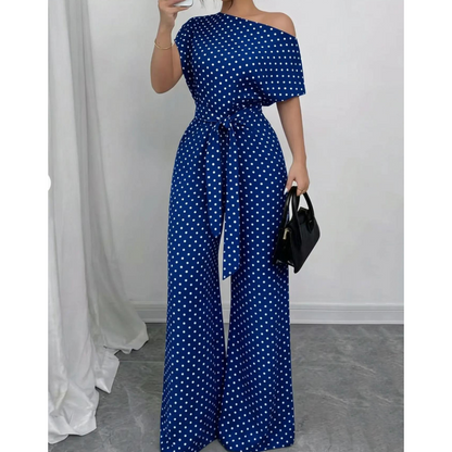 🔥 60% RABATT på utvalda produkter🎉Elegant jumpsuit med asymmetrisk halsringning och prickmönster