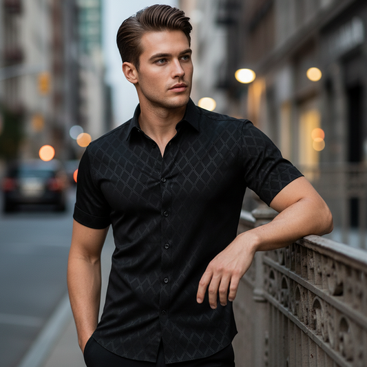 👔 60% RABATT NU!🖤 Svart herrskjorta med textur – Diamantjacquard och atletisk passform – Snyggt och oumbärligt 🔥