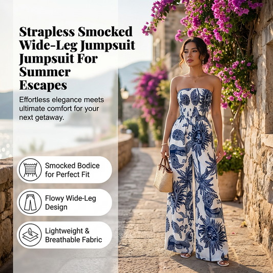 ⏳Begränsad tid – 50% rabatt⏰Axelbandslös smockad jumpsuit med vida ben