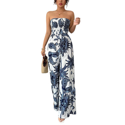 ⏳Begränsad tid – 50% rabatt⏰Axelbandslös smockad jumpsuit med vida ben