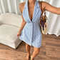 👗 60 % RABATT NU! 🌊 Damklänning med halterneck och ränder – Bar rygg, A-linjeformad & kavajkrage – En sommar-chic favorit ☀️