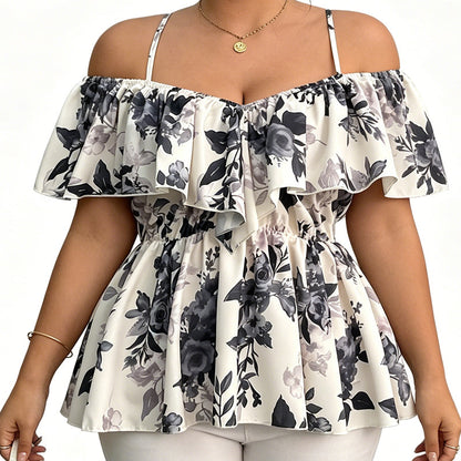 🌸 BEGRÄNSAD TID – 50 % RABATT! ✨ Damtopp i plus size med bar axel – Peplum, volanger och blommigt 👒