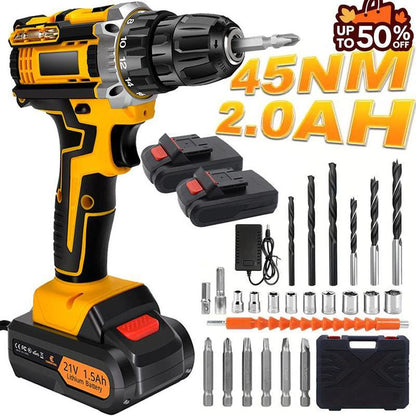 🔥 70% RABATT på utvalda produkter🎉Sladdlös skruvdragare 21V, batteriborrset, sladdlös borrmaskin med 45Nm vridmoment, 25 + 3 momentinställningar, 2 hastigheter, 2 batterier, LED-ljus, 10 mm borrchuck, gör-det-själv borr för hemmet
