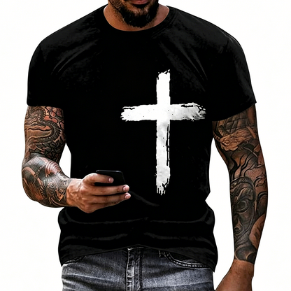 ✝️ BEGRÄNSAD TID: 50 % RABATT! ✨ Herr-T-shirt med tro-motiv – Slitet kors, bekväm passform, hög kvalitet 🧡