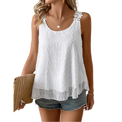 👚 55% RABATT NU!🎀 Elegant prickig spets topp – Andningsbar chiffong & Lös passform – Sommar Essential 🌸