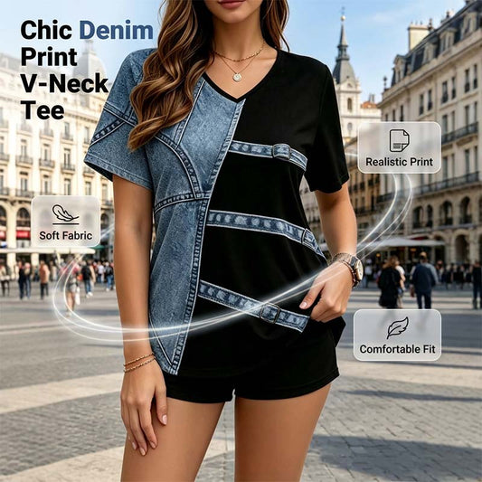 🎁 Heta sommarerbjudanden - 50% rabatt! 🔥👕 V-ringd Jeansmönstrad T-shirt – Mjuk & Snygg 🌀