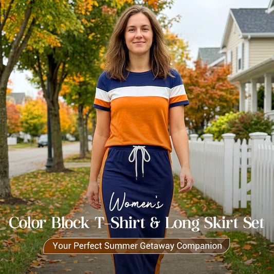 👗 BEGRÄNSAD TID: 50% RABATT! ✨ Färgblockad T-shirt och långkjol-set – Trendigt och bekvämt 2-delars set 🌈