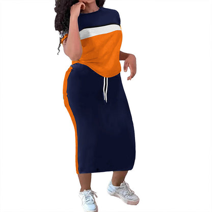 👗 BEGRÄNSAD TID: 50% RABATT! ✨ Färgblockad T-shirt och långkjol-set – Trendigt och bekvämt 2-delars set 🌈
