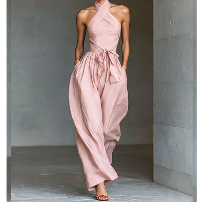 👗 50% RABATT NU! 💫 Elegant Halter Ärmlös Hoppdräkt med Midjeband – Korsad Halsringning, Vida Ben & Djupa Sidofickor – Ansträngningslös Sofistikering ✨