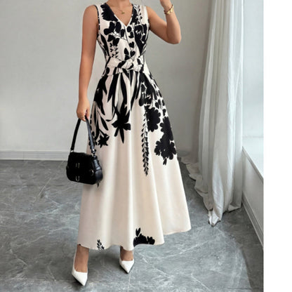👗50% RABATT NU!🎀Maxiklänning för dam med blommönster, V-ringning och vridet midjeband👗