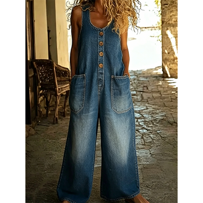 👗 50% RABATT NU! 👖 Casual Jumpsuit med Vida Ben – Fickor & Vintageknappar – Perfekt för Sommar & Vardag – Andningsbar & Bekväm ☀️
