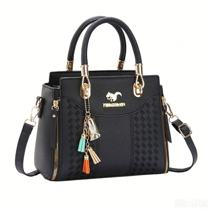 👜 50% RABATT NU! ✨ Elegant Dam Top Handle Handväska – Vävd Frontpanel, Tofscharmer & Utbyggbara Sidodragkedjor – Professionell & Polerad 💼
