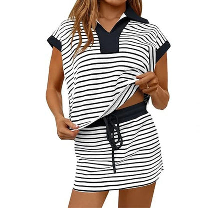 👗 BEGRÄNSAD TID: 50% RABATT! 💥 ✨ Randig casual kjolset för damer – Snyggt tvådelat set, andningsbart & med justerbart dragsko ✨