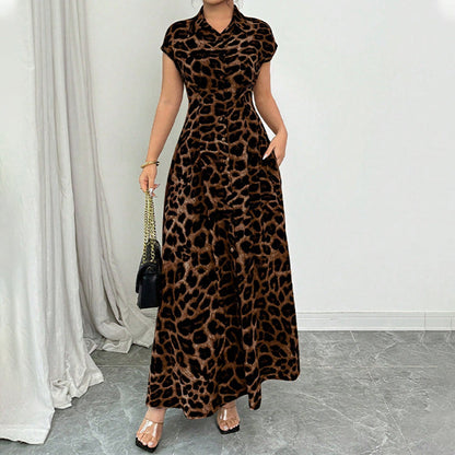 👗50% RABATT NU!🎀Elegant klänning med uppvikt krage och leopardmönster för dam