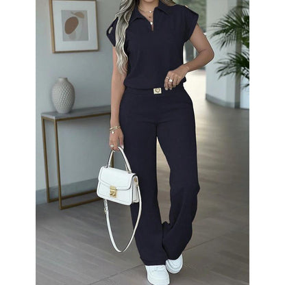 🔥 50% RABATT 👚 Elegant 2-delat damset med topp & vida byxor ✨ gulddetaljer, stilren krage & perfekt dag-till-kväll look 🌿