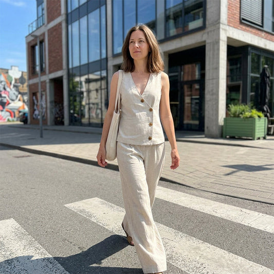 🔥 50% RABATT på utvalda produkter🎉💃 Elegant väst-set med vida ben – asymmetrisk knapprad, smickrande siluett & luftig passform, perfekt för både fest & vardag 🌿