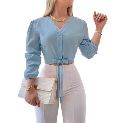 🔥 60% RABATT på utvalda produkter🎉🔥Elegant topp med V-ringning och knytning i midjan för damer