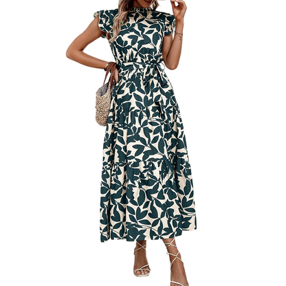 Women’s Summer Ruffled Flutter Sleeve Tie Waist Floral Midi Dress