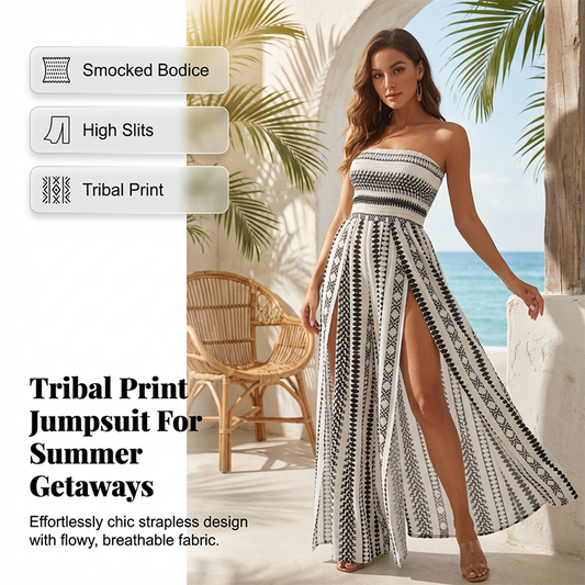 👗50% RABATT! 🎁 Geometriskt Mönstrad Jumpsuit med Smockad Överdel – Bekväm, Trendig & Perfekt För En Lekfull Sommarlook 🌞