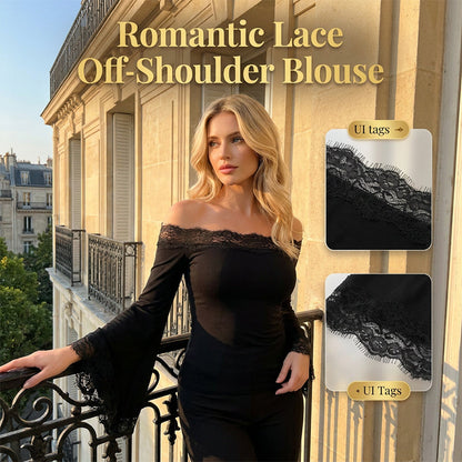 🌸 60% REA NU! 🌸 Dam Chic Svart Smal Passform Off-Shoulder Blus med Utsvängda Ärmar