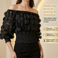 👗 50% RABATT! ✨ Off-shoulder figurnära topp – 3D blomapplikationer & smockad midja – Ballongärmar, romantisk & feminin – perfekt för fest eller sommarbrunch 🌸🌿