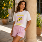 Dam Sommar Citron Grafisk T-shirt och Randiga Shorts Set