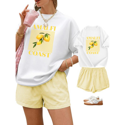 Dam Sommar Citron Grafisk T-shirt och Randiga Shorts Set