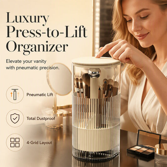 ⏳🔥LIMITED-TIME 50% OFF! ⏰Elegant Dustproof Makeup Brush Organizer – Press-Lift Storage, Multiple Compartments & Protective Cover ✨